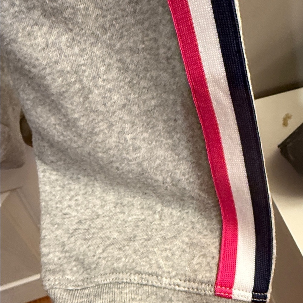 J. Crew gray pullover sweatshirt with navy, white, pink sleeves stripes. Size XL - Picture 3 of 4